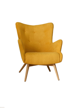 Yellow upholstered armchair with wooden legs.