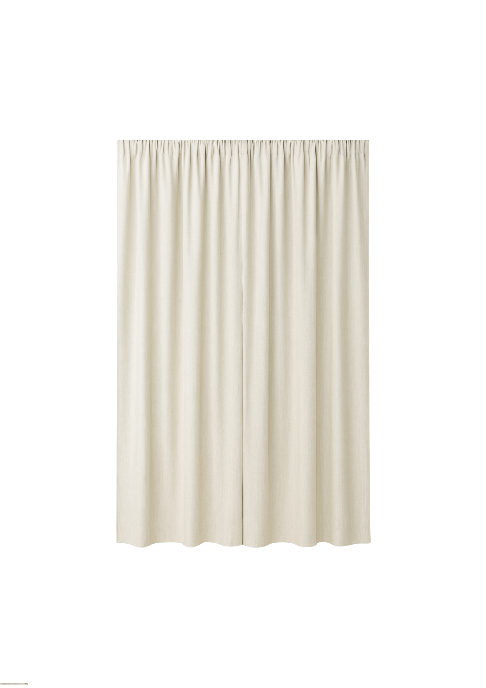 Cream-colored curtain hanging vertically against a white background.