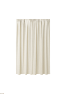 Cream-colored curtain hanging vertically against a white background.