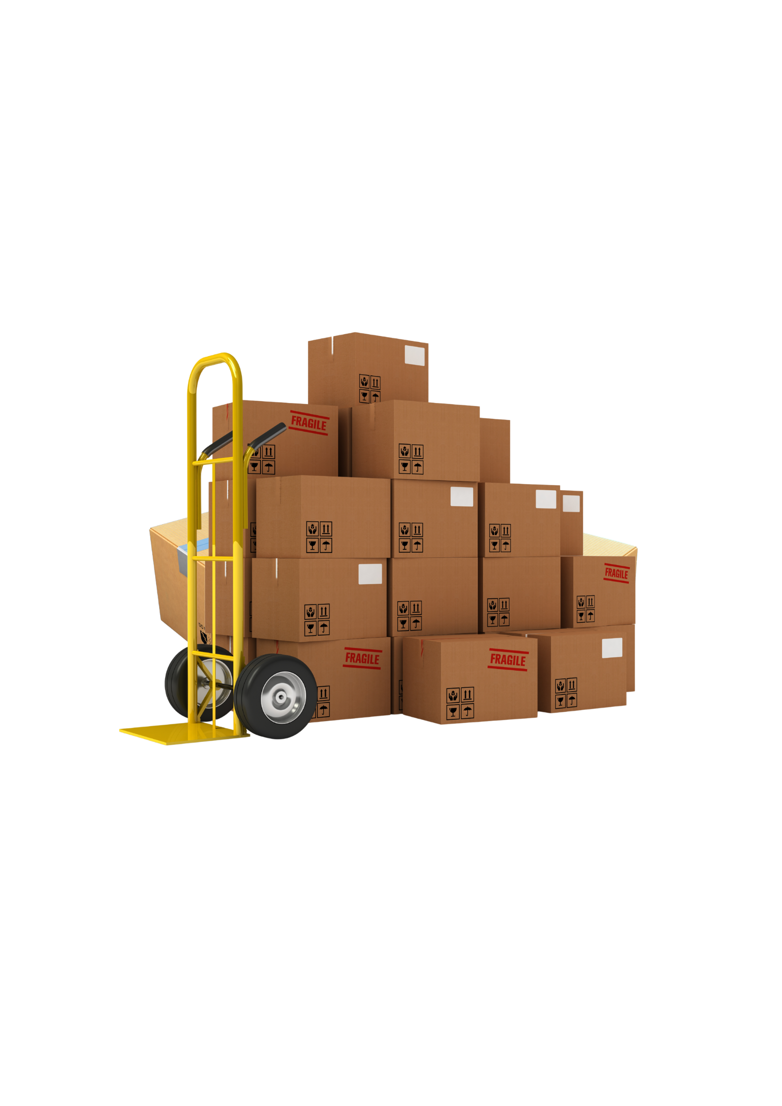 Yellow hand truck stacked with several brown cardboard boxes.