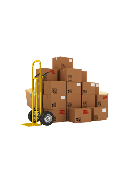 Yellow hand truck stacked with several brown cardboard boxes.