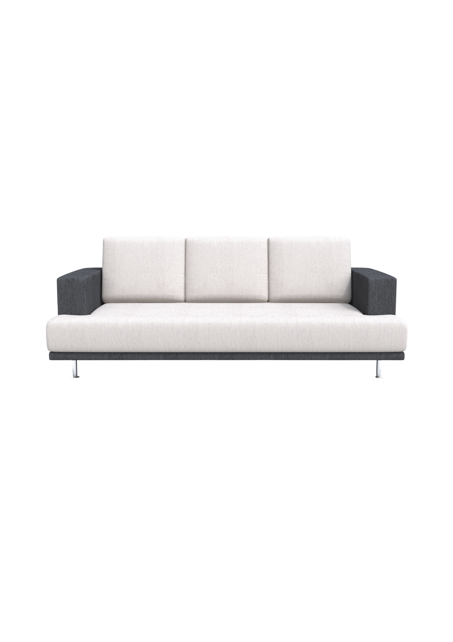 Modern gray and white sofa with dark gray armrests.