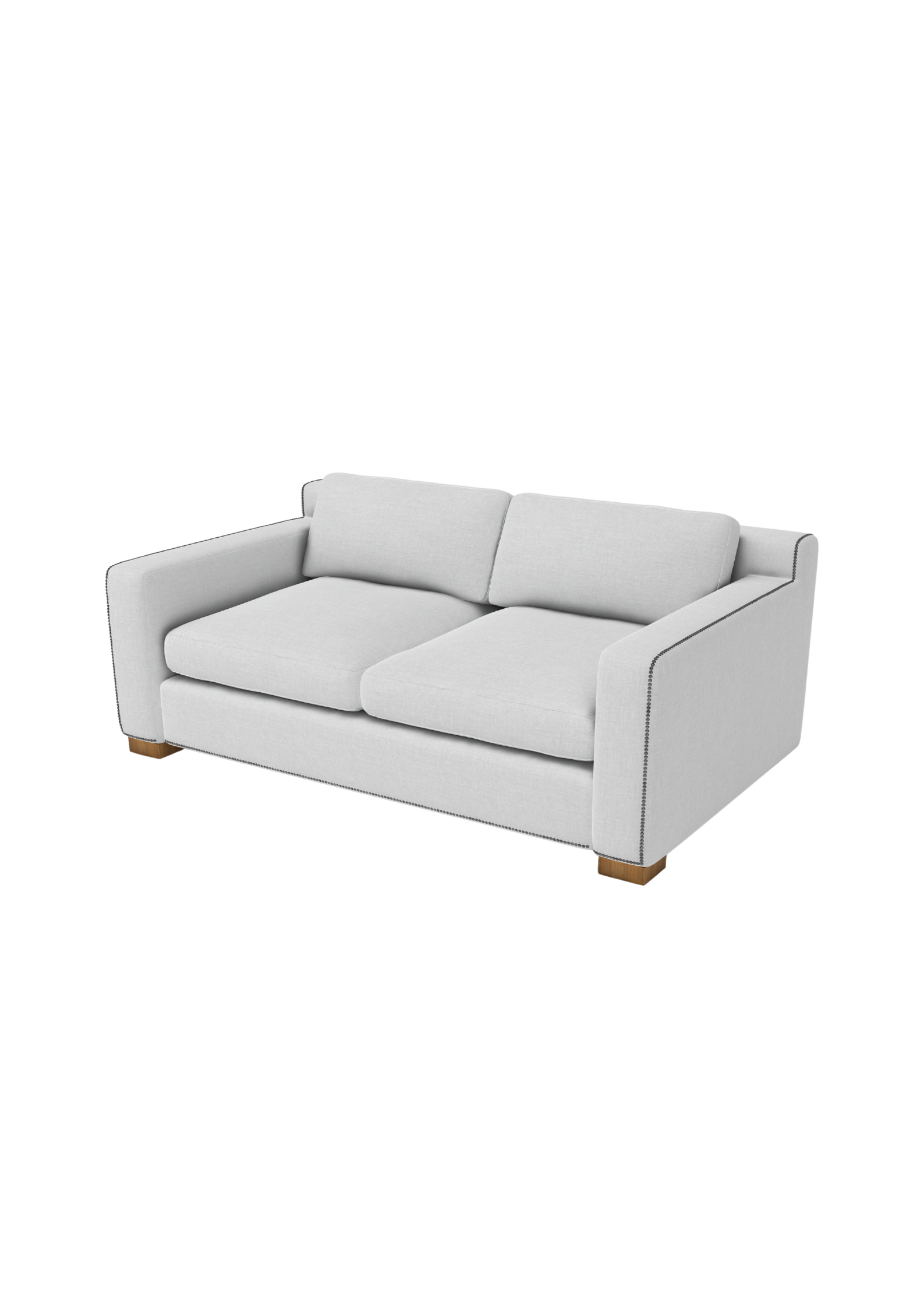 White two-seater sofa with light wooden legs and a neutral-toned fabric.