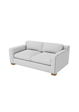 White two-seater sofa with light wooden legs and a neutral-toned fabric.