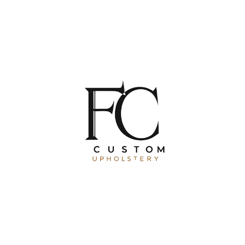 Logo for FC Custom Upholstery, with black letters FC above text, in tan, 