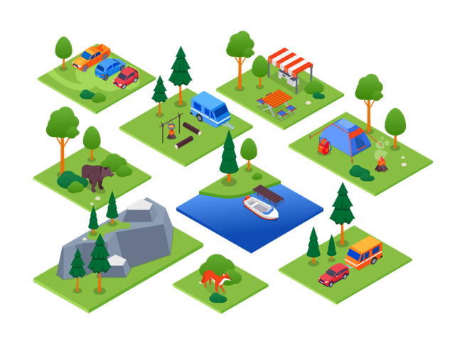 An isometric illustration of a campground with a boat, tents, cars, trees, and a bear.