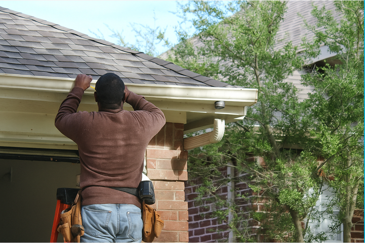 A man is working on the gutters of a house.