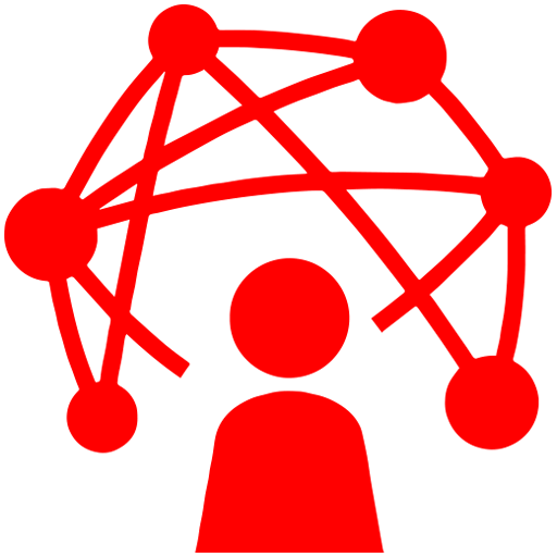 Un personnage rouge avec un réseau de nœuds connectés au-dessus d'elle, symbolisant des connexions ou des idées.