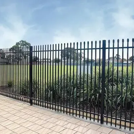Black metal fence surrounding a grassy area, against a blue sky.