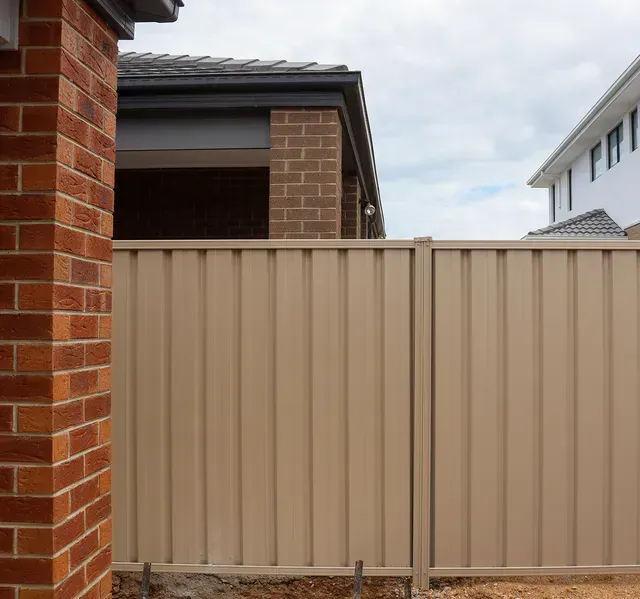 A brick building with a tan fence in front of it