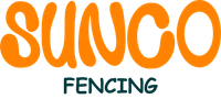 The sunco fencing logo is orange and blue on a white background