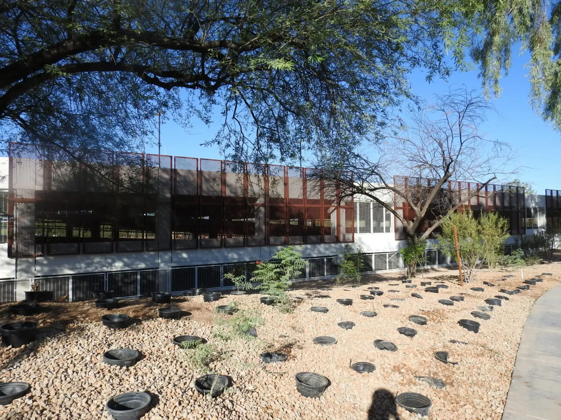 Building with decorative screening, surrounded by a landscaped area with dark mulched planters.