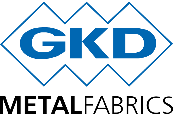 Logo of GKD Metal Fabrics in blue and black, with a diamond and zigzag border.
