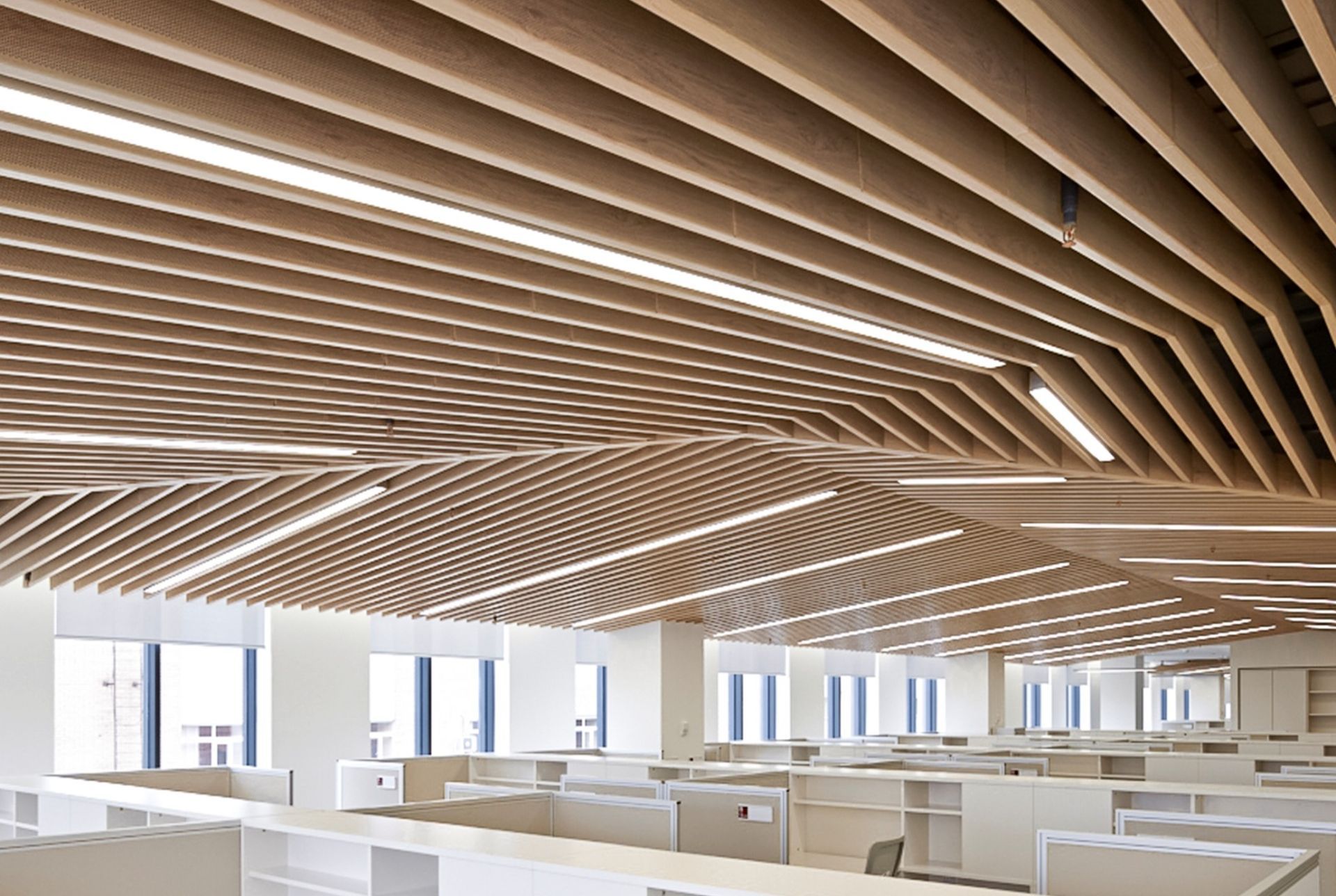Wooden slat ceiling with recessed lights in a large, modern office space with white cubicles.