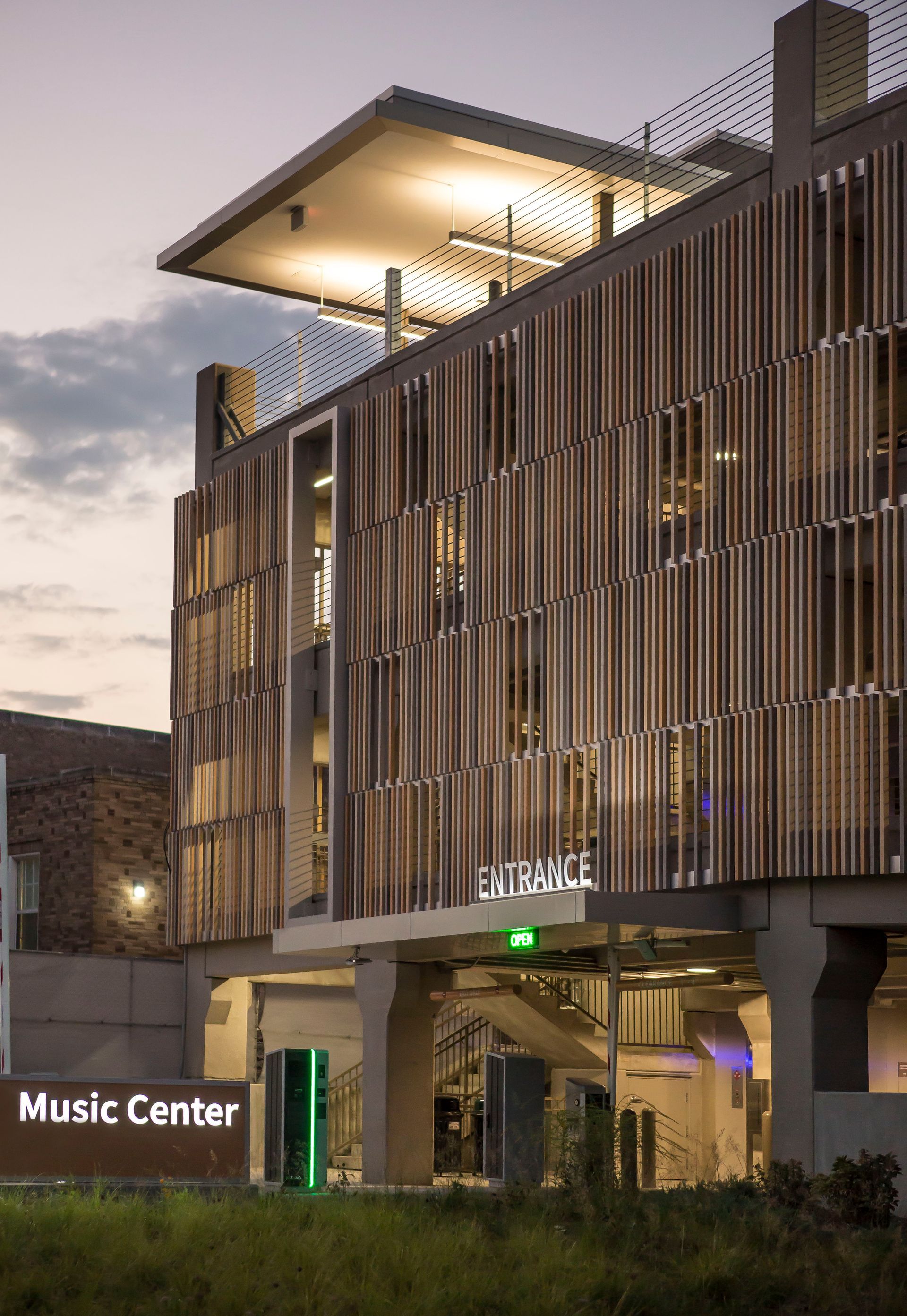 Music Center exterior with wooden facade and 