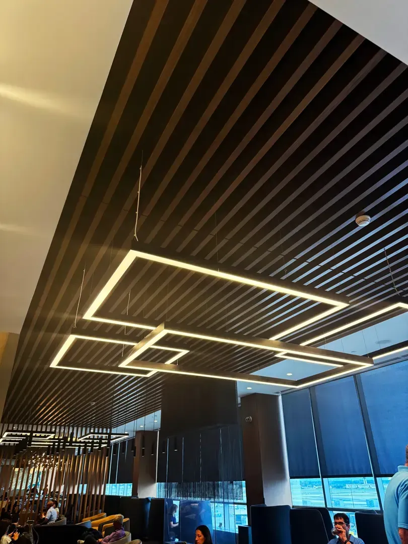 Ceiling with dark wooden slats and square, glowing lights in a commercial setting.