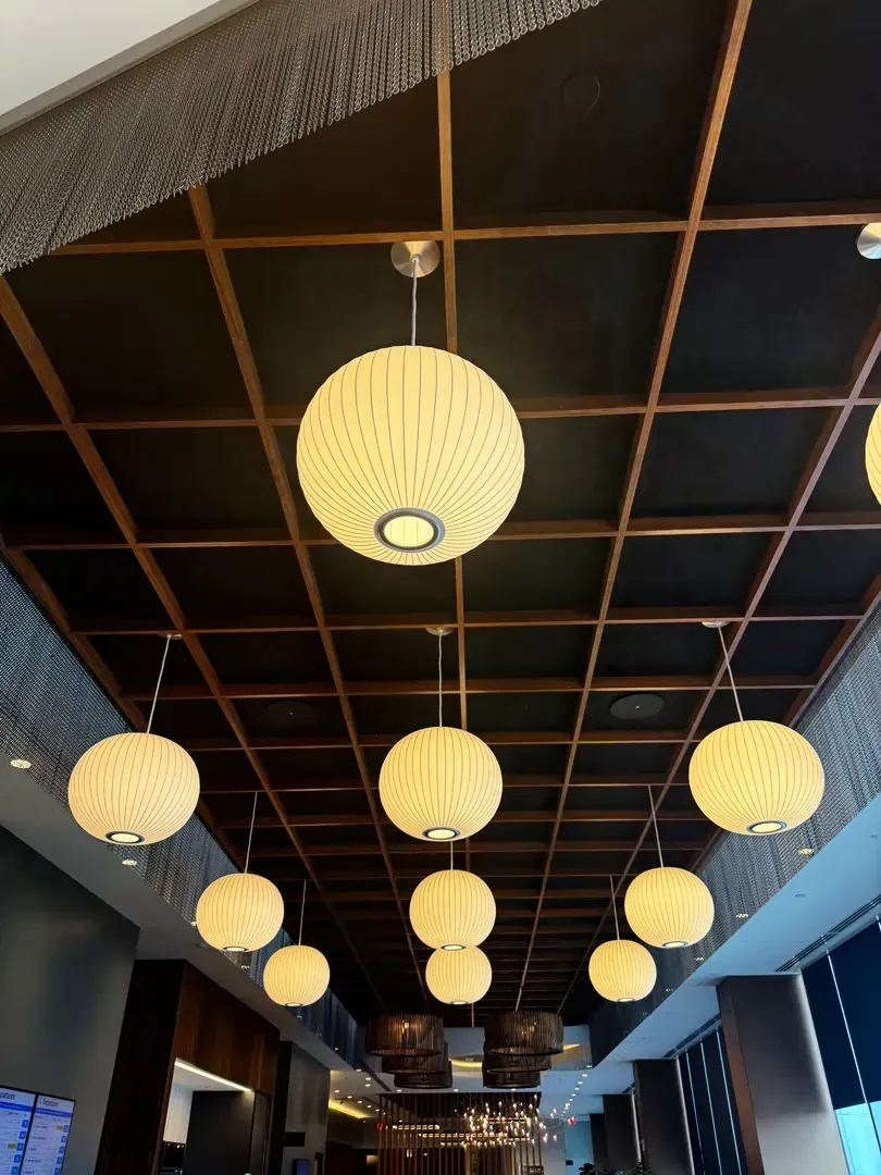 A row of round, woven pendant lights hang from a dark grid ceiling in a restaurant.