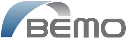 BEMO logo with a curved blue and gray arch above gray letters.