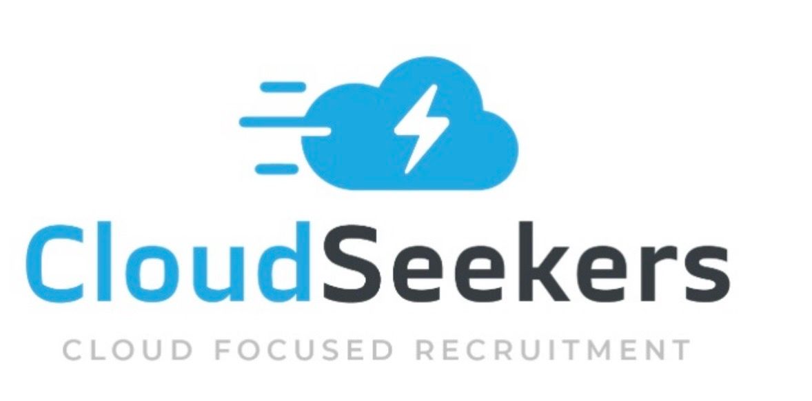 Logo for CloudSeekers: A blue cloud icon with a lightning bolt and motion lines, above the company name and tagline.