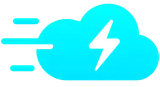 A bright blue icon of a cloud with a white lightning bolt and horizontal lines to the left, indicating motion.