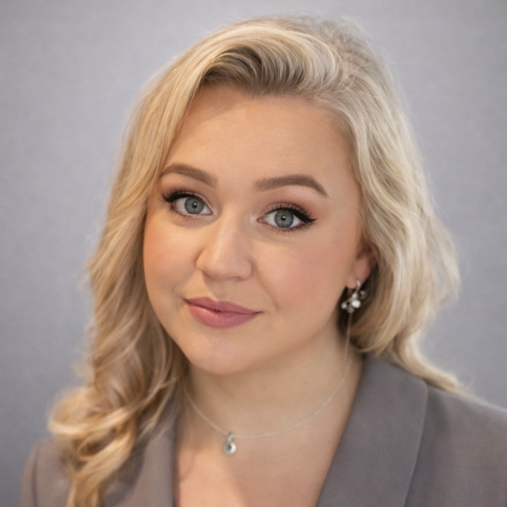 A person with blonde hair and a neutral expression, wearing a gray blazer, a simple necklace, and earrings.