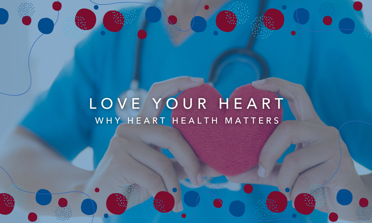 A nurse is holding a red heart in her hands with the words love your heart why heart health matters