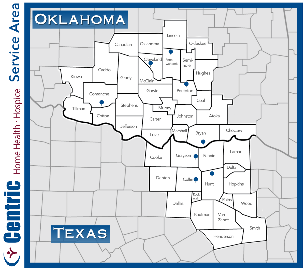 Oklahoma and North Texas county map for services provided by Centric Home Health and Hospice