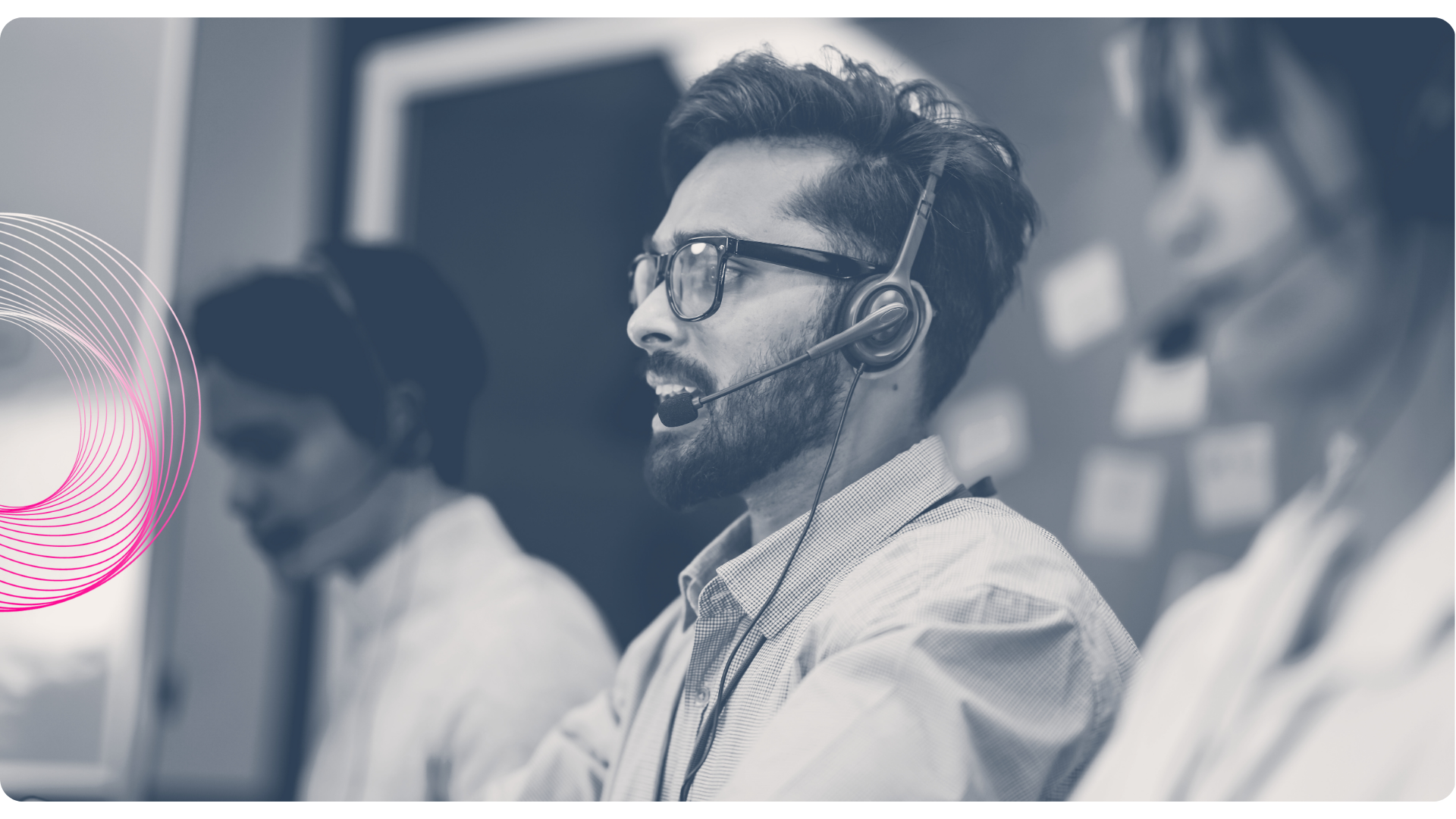 Customer service representatives with headsets at work. Man speaking, others listening.