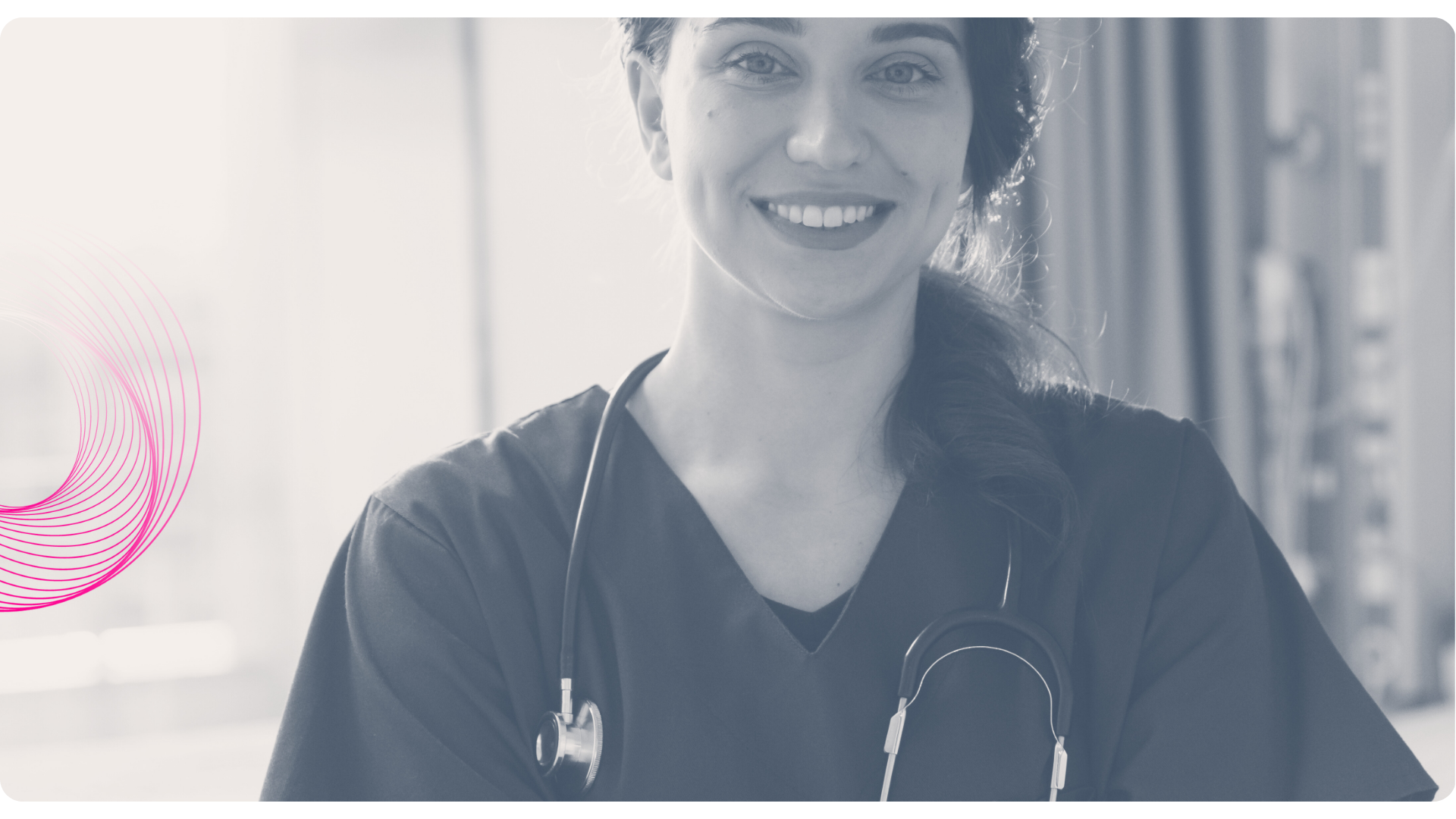 Smiling healthcare worker with stethoscope.