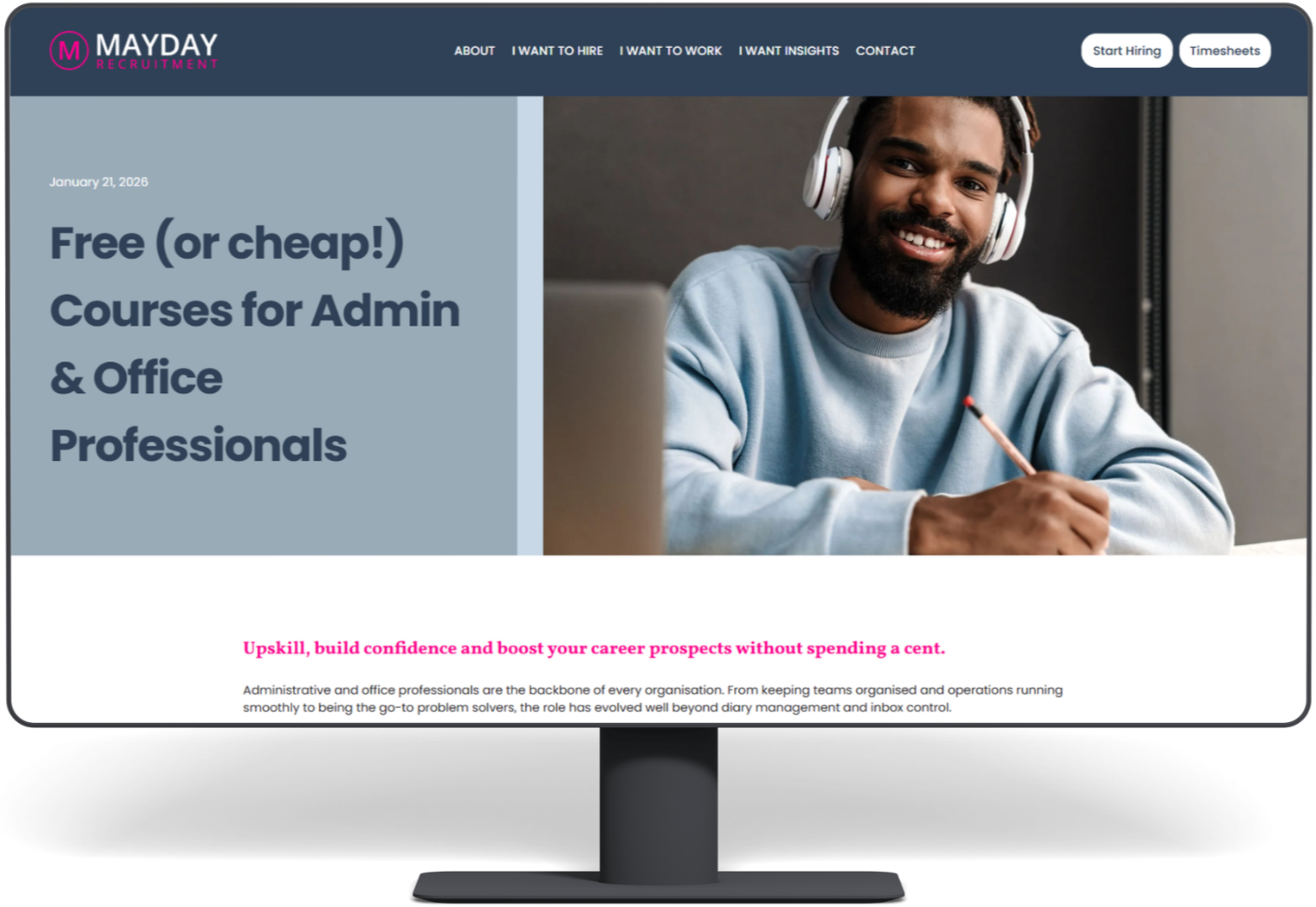 Website landing page with a man wearing headphones smiling, holding a pen. Text: 