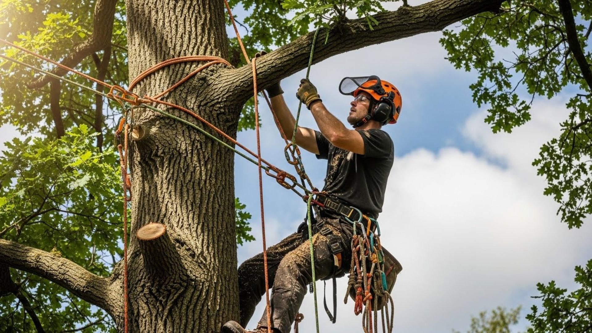 An arborist in protective gear and a hard hat is secured by ropes and a harness while working high up in a large oak tree.