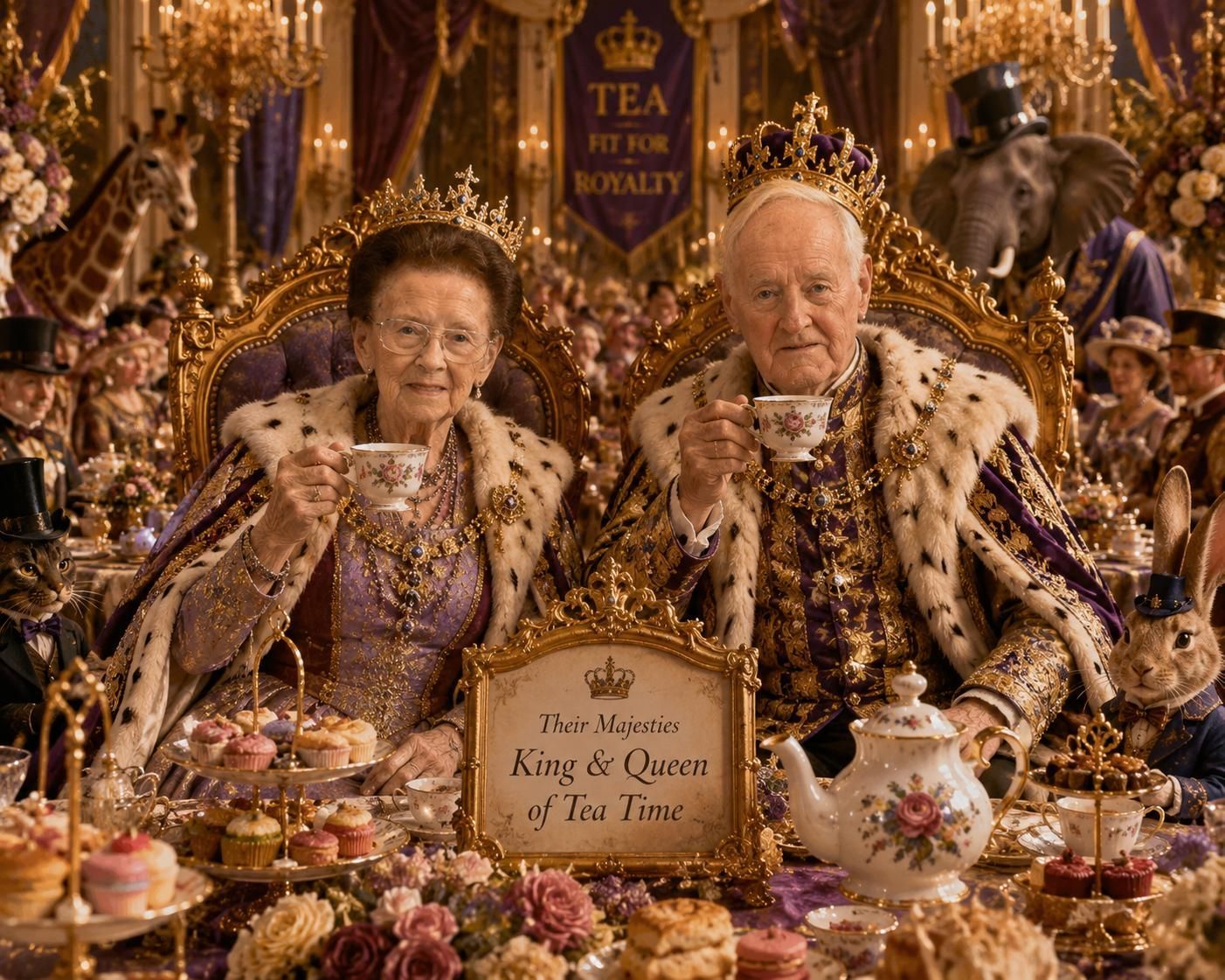 Two crowned royals at a lavish tea table with sweets, flowers, and a sign reading “King of Our Hearts”