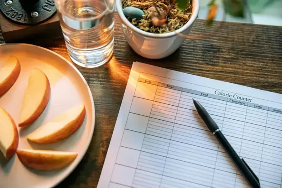Desk with sliced fruit, water, salad bowl, and a pen resting on a meal-planning sheet