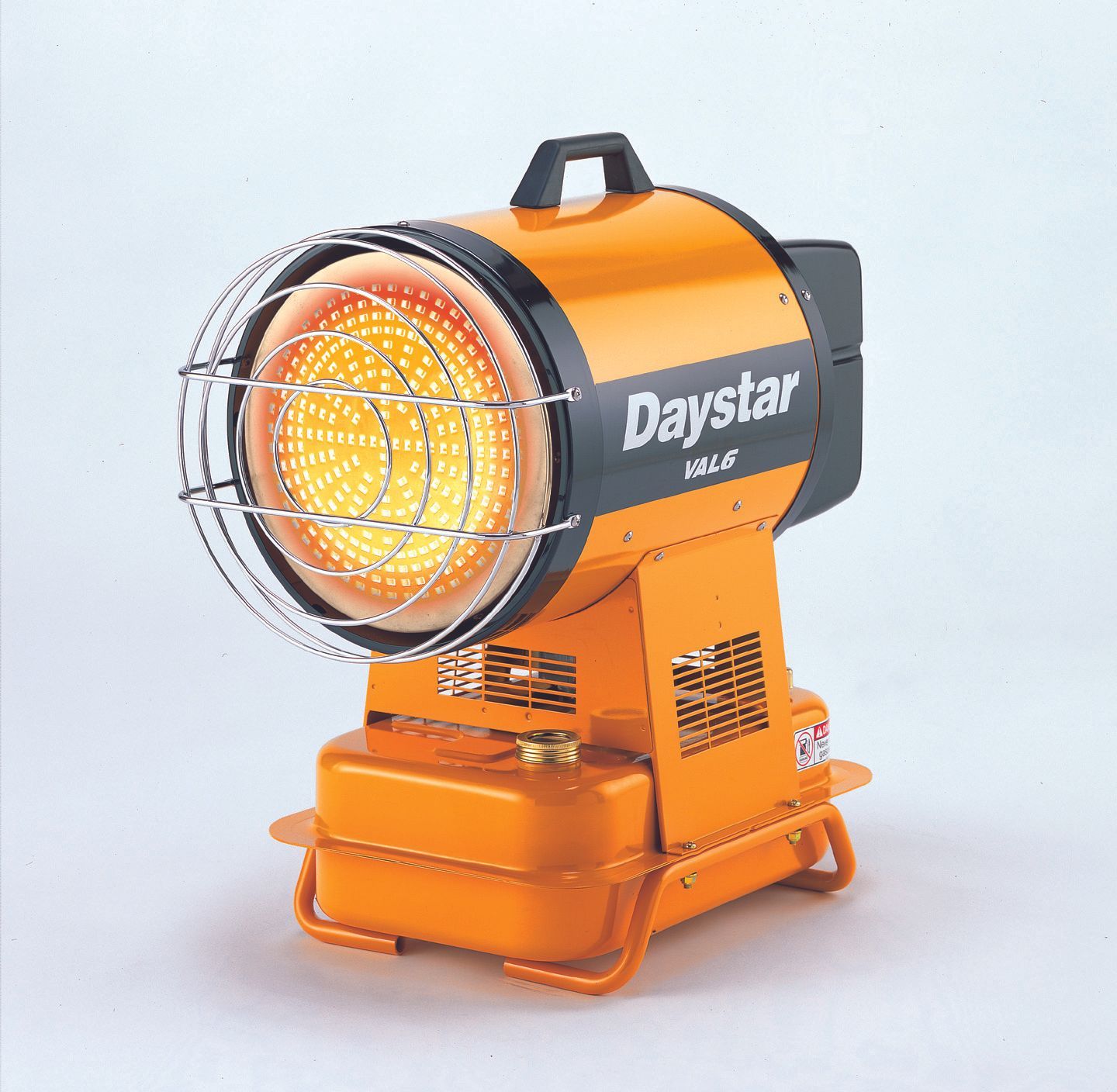 Orange Daystar portable construction heater, with protective cage and fuel tank.