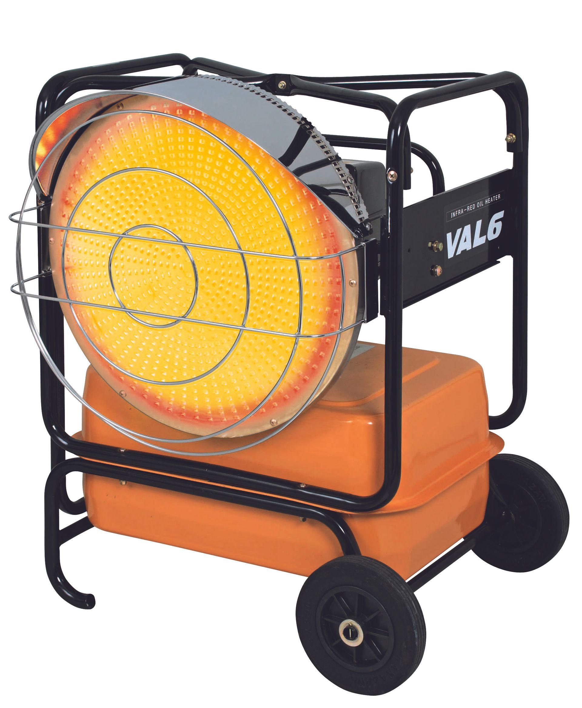 Orange VAL6 infrared heater with a black cage, wheels, and frame.