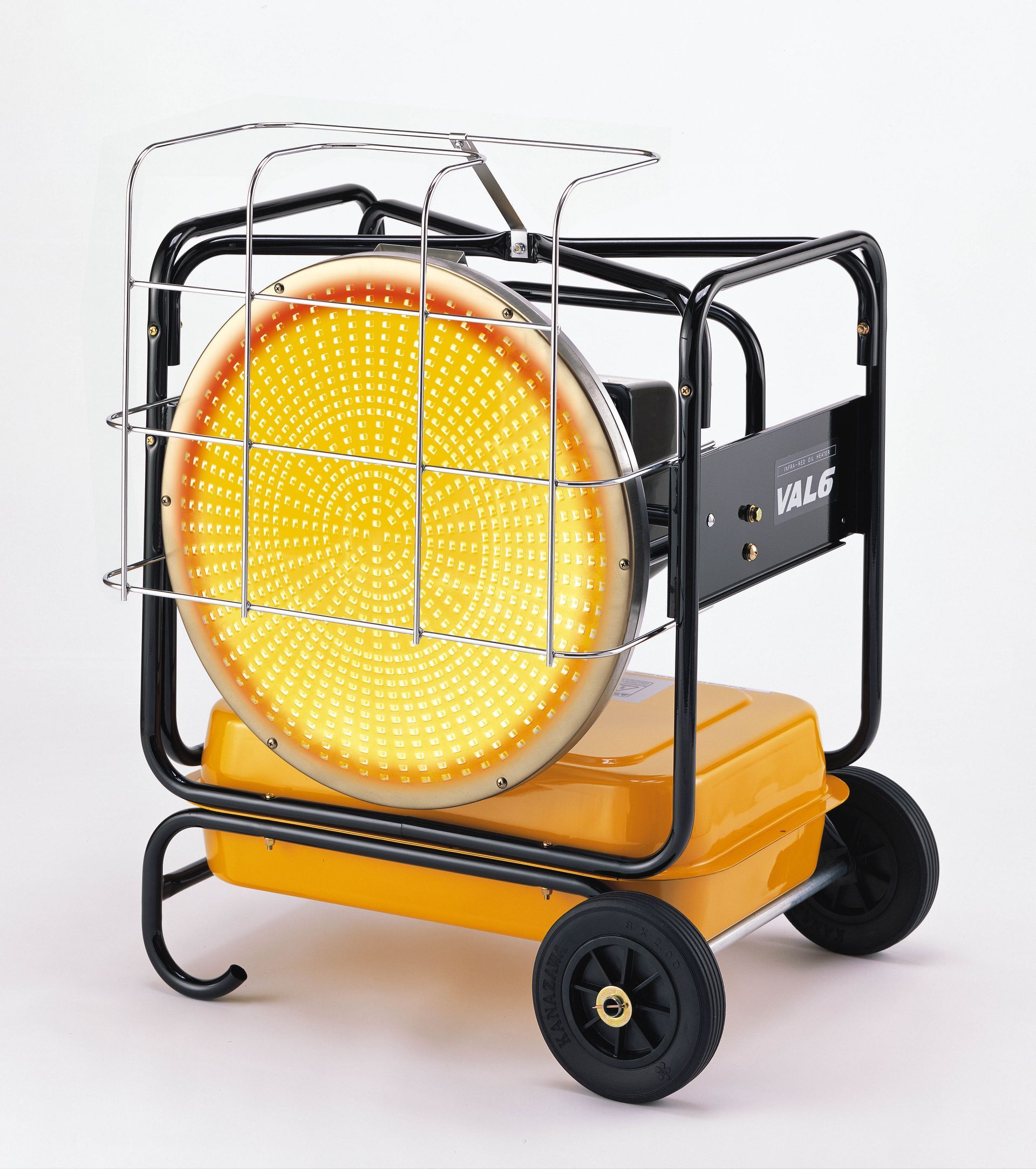 Yellow warning light on a wheeled cart, caged for protection.
