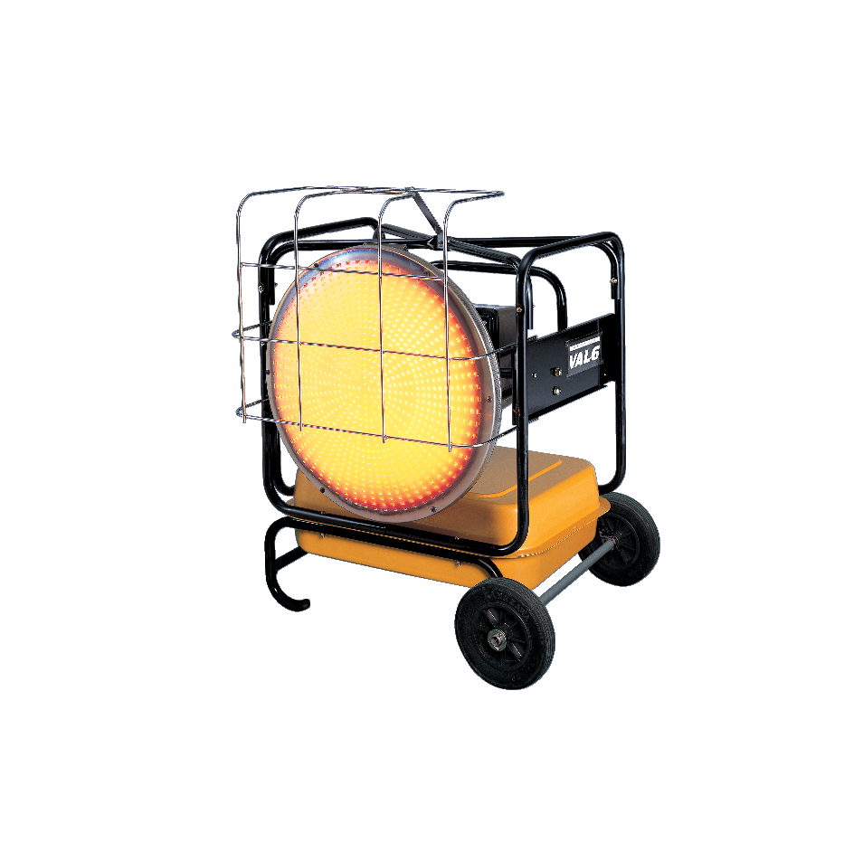 Yellow portable propane construction heater with protective cage, black wheels.