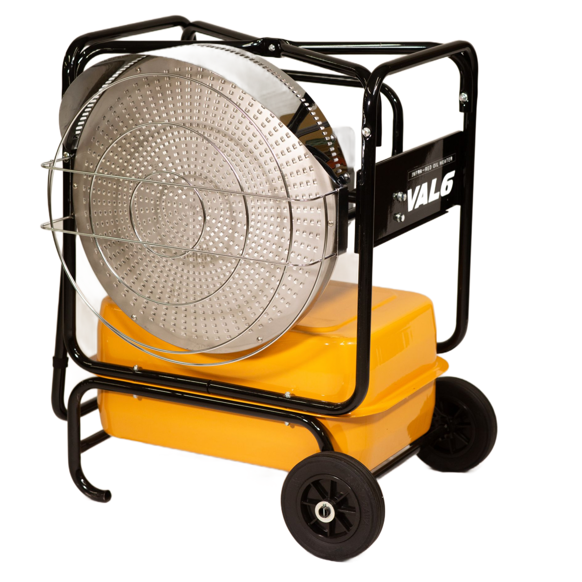 Orange kerosene space heater on wheels, enclosed by a black metal frame.