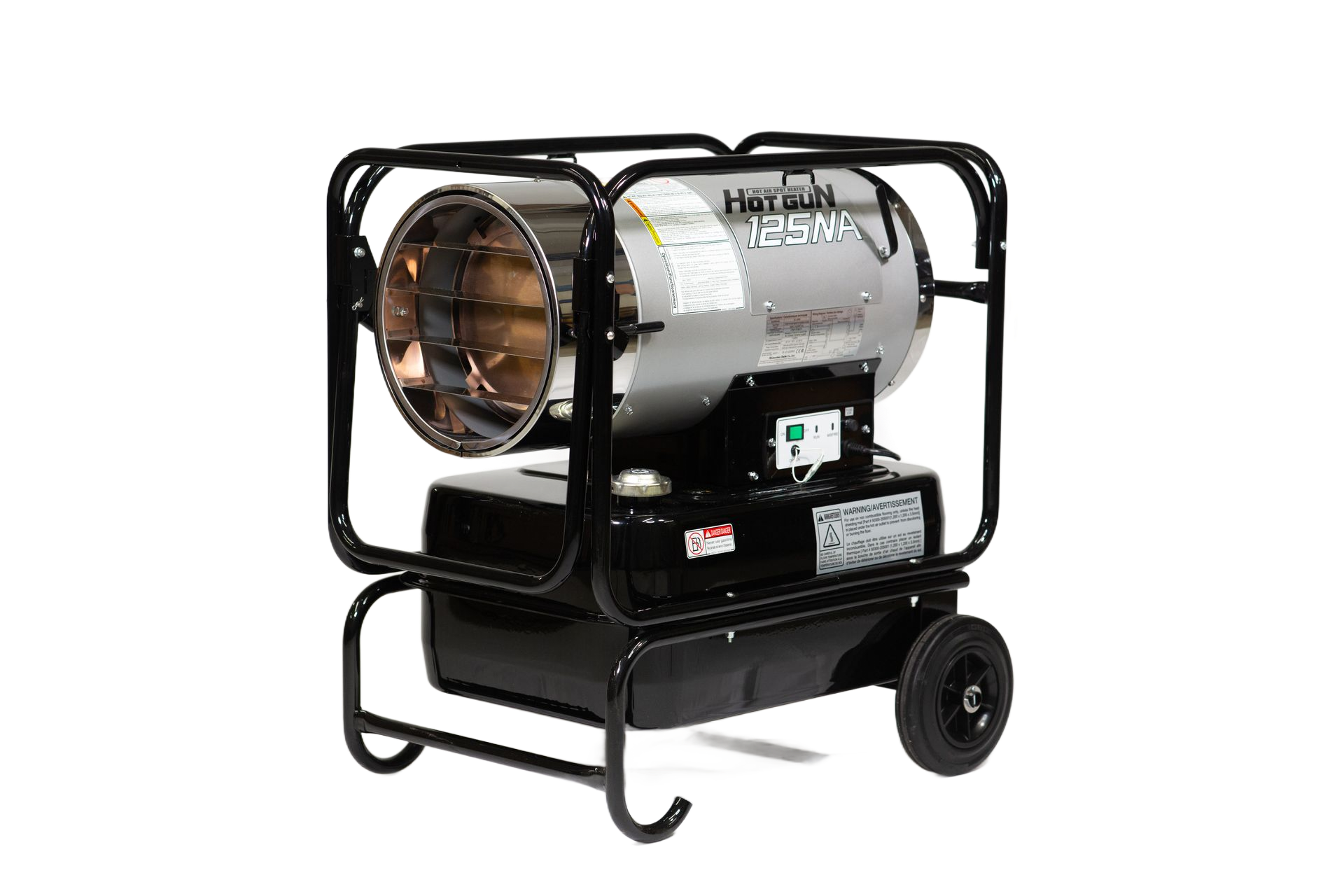 A portable kerosene heater, black frame, fuel tank, wheels. The heating element glows orange.