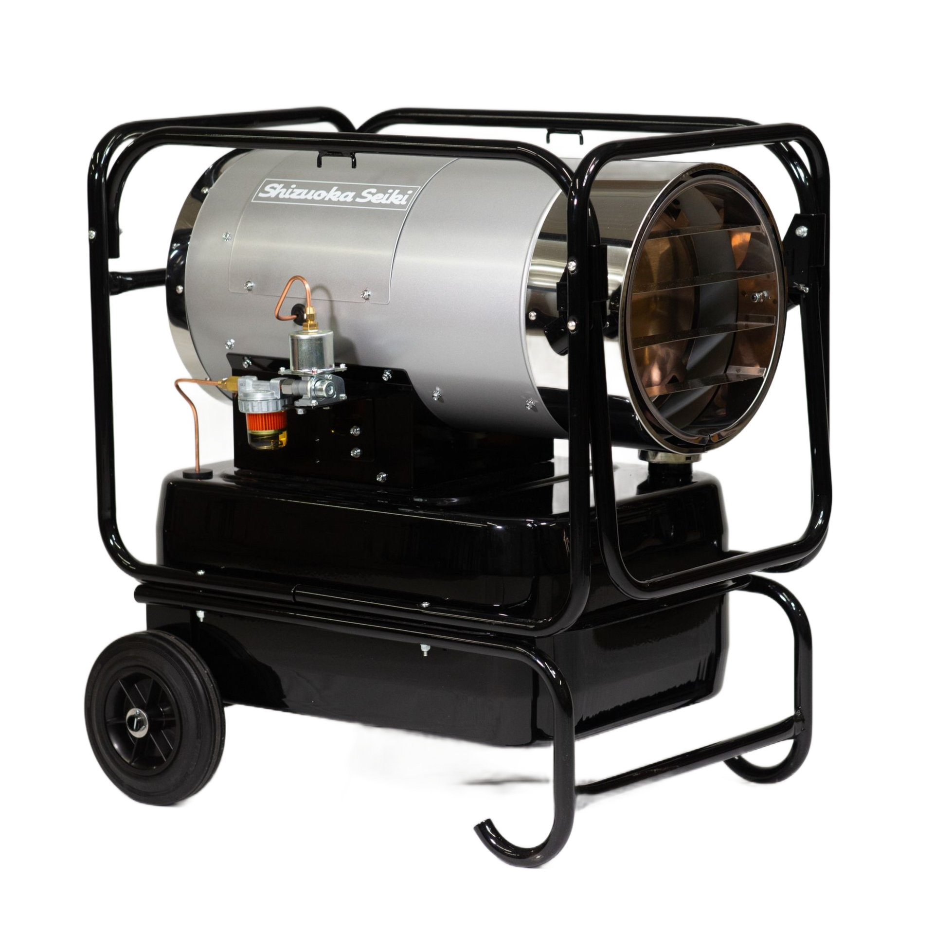 Gray and black kerosene space heater on wheels with protective cage. The front glows orange.