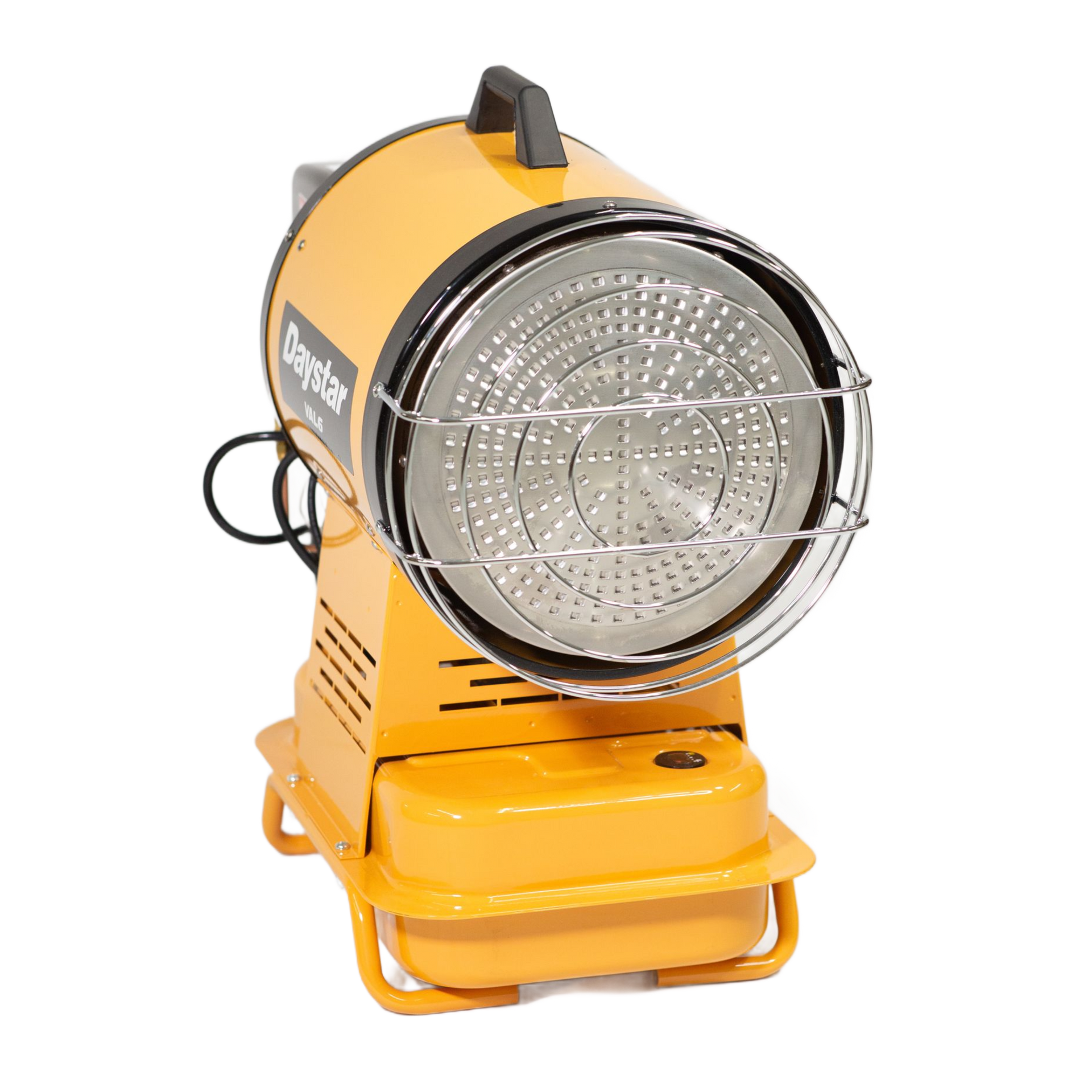 Orange Daystar portable construction heater, with protective cage and fuel tank.