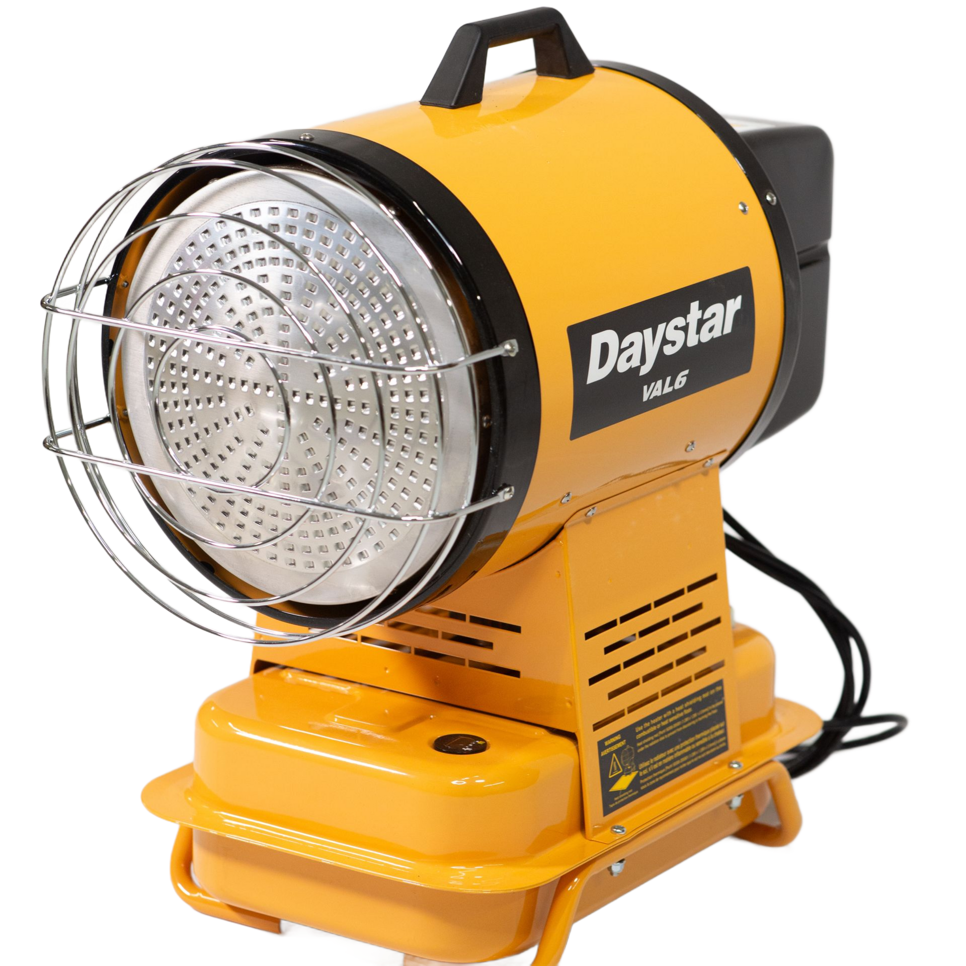 Orange Daystar space heater with a metal cage and handle.