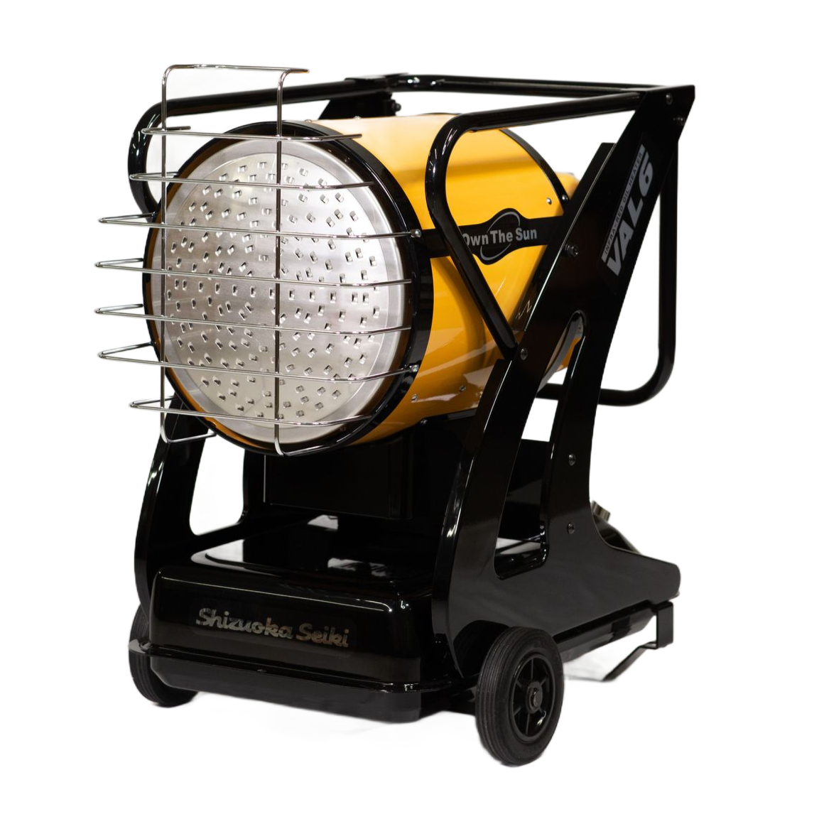 Black and orange propane construction heater on wheels, with a protective cage around the heating element.