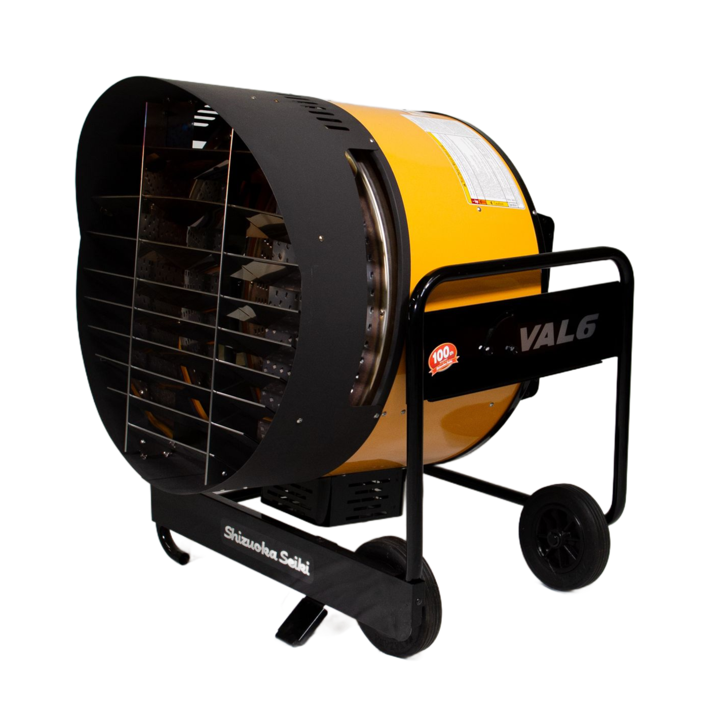 Orange and black portable construction space heater with a protective cage and wheels.