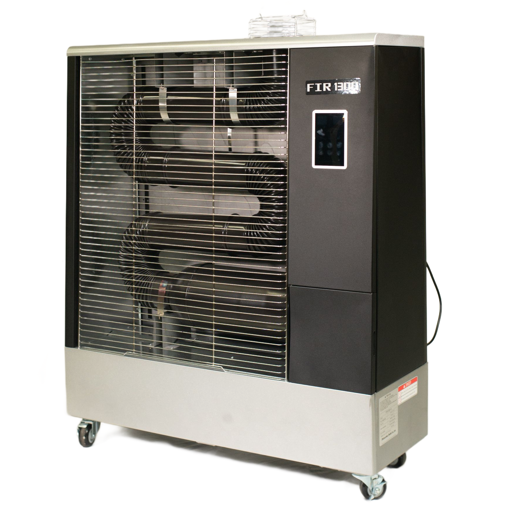 Silver and black industrial electric space heater with large heating coil visible.