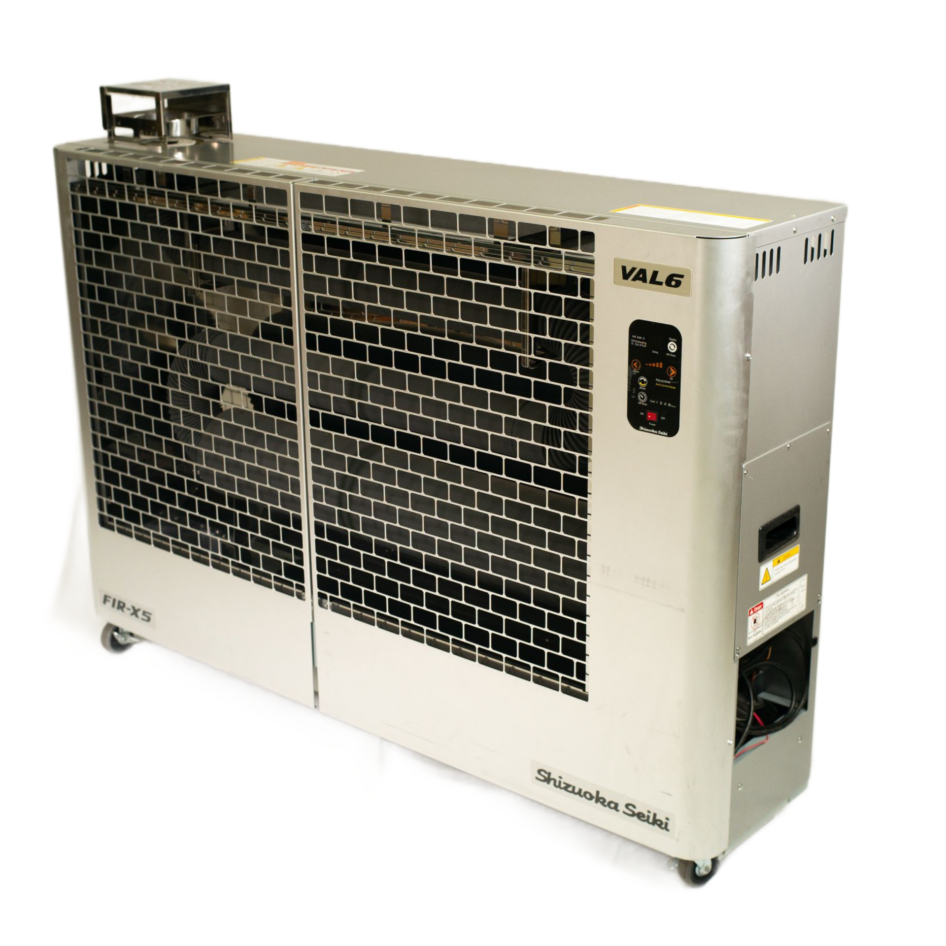 Industrial gray VAL6 infrared heater on wheels with a black safety grill.