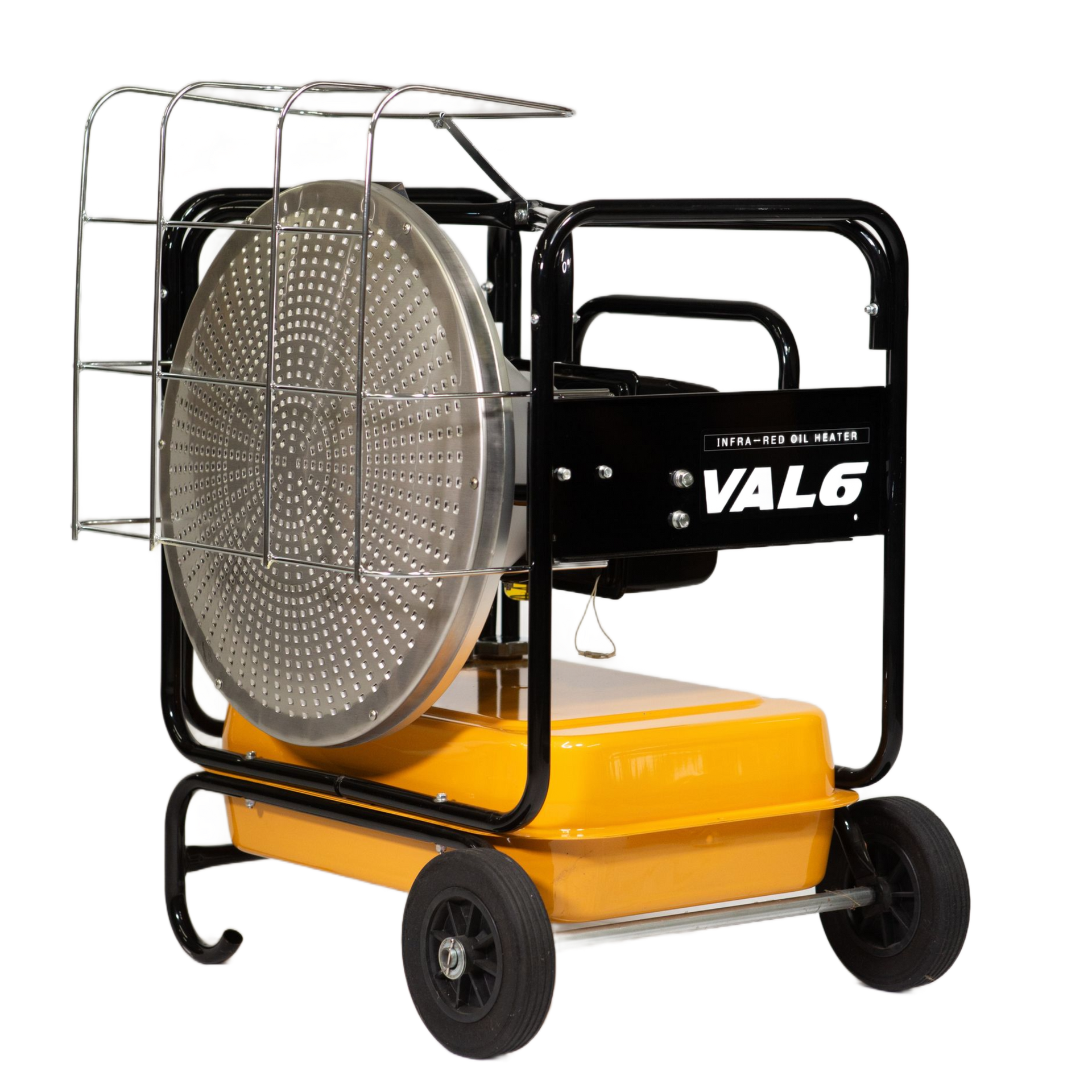 Yellow and black portable radiant heater with protective cage, on wheels.