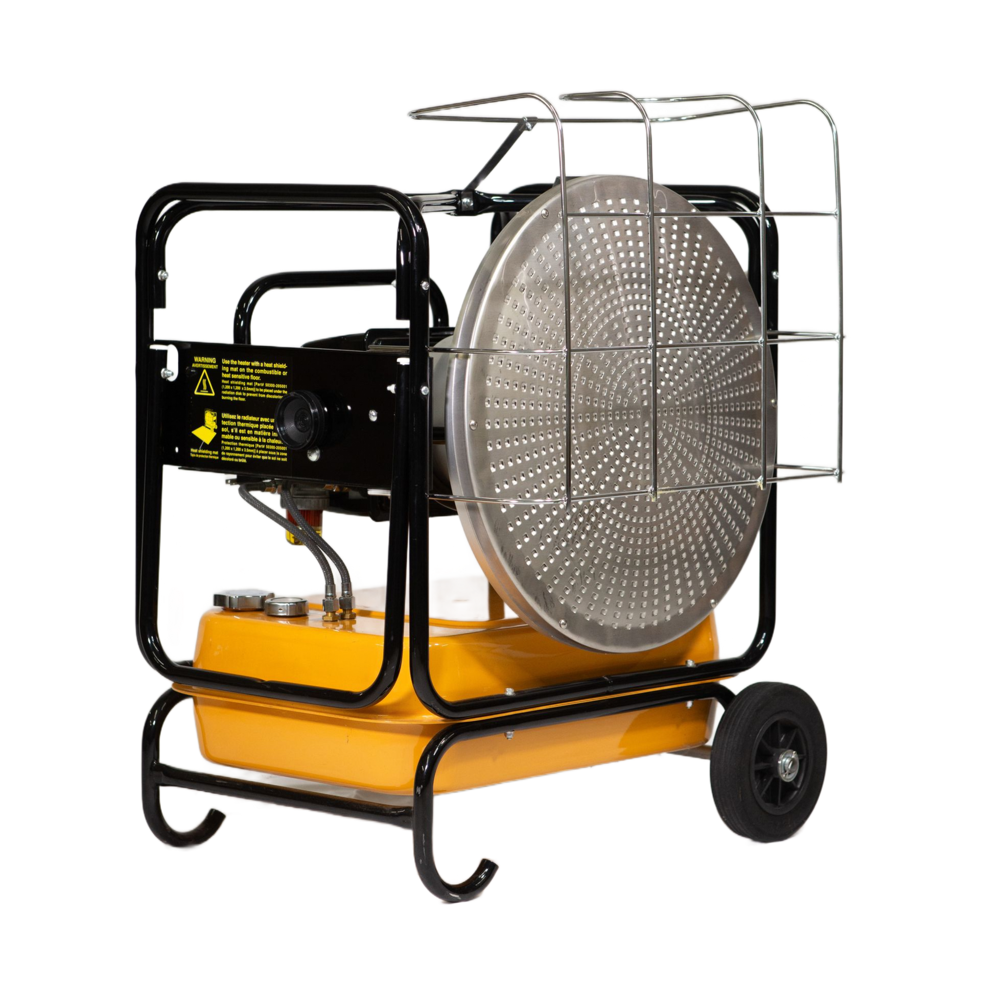 Yellow portable propane construction heater with protective cage, black wheels.