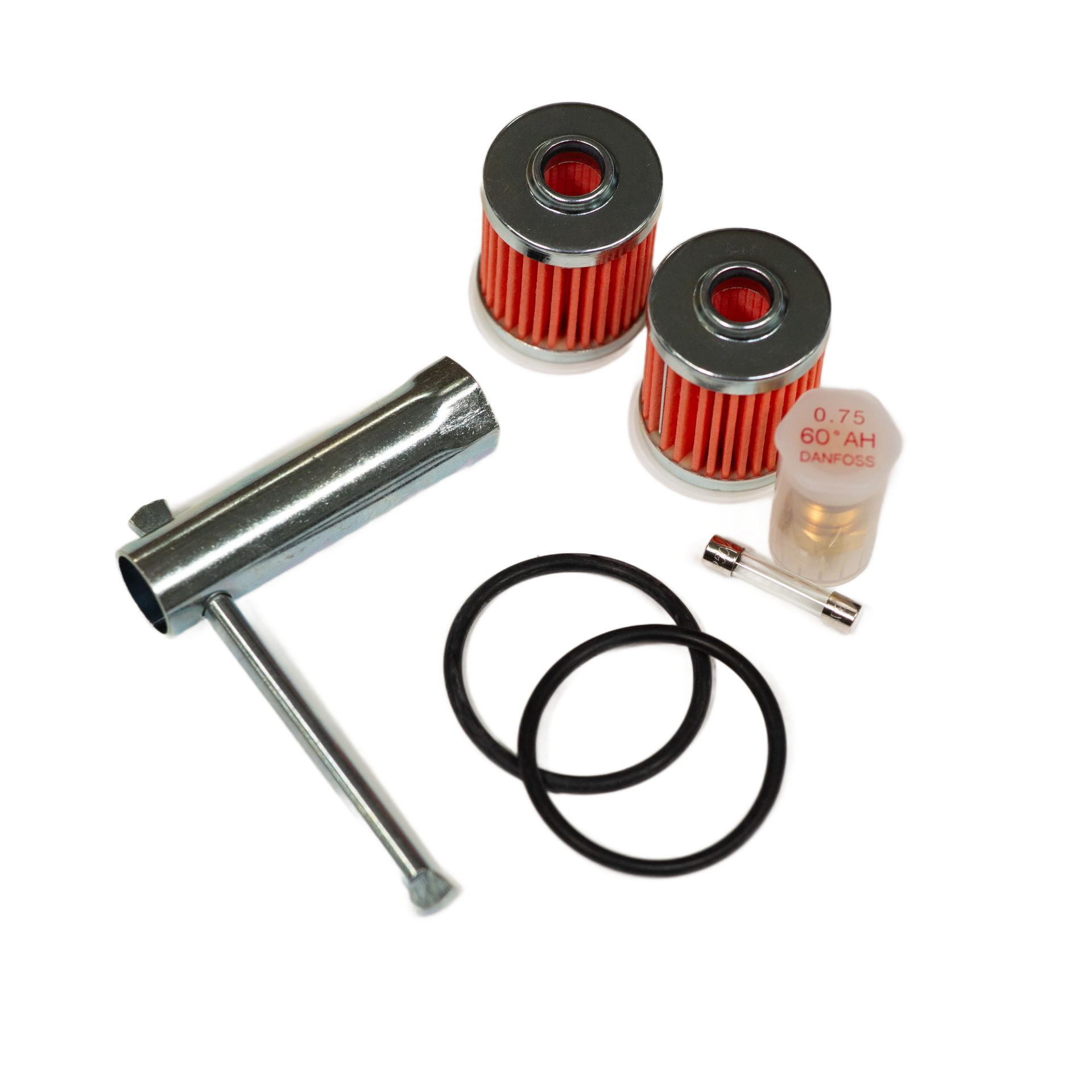Oil filter service kit, including filters, wrench, seals, and fuse.