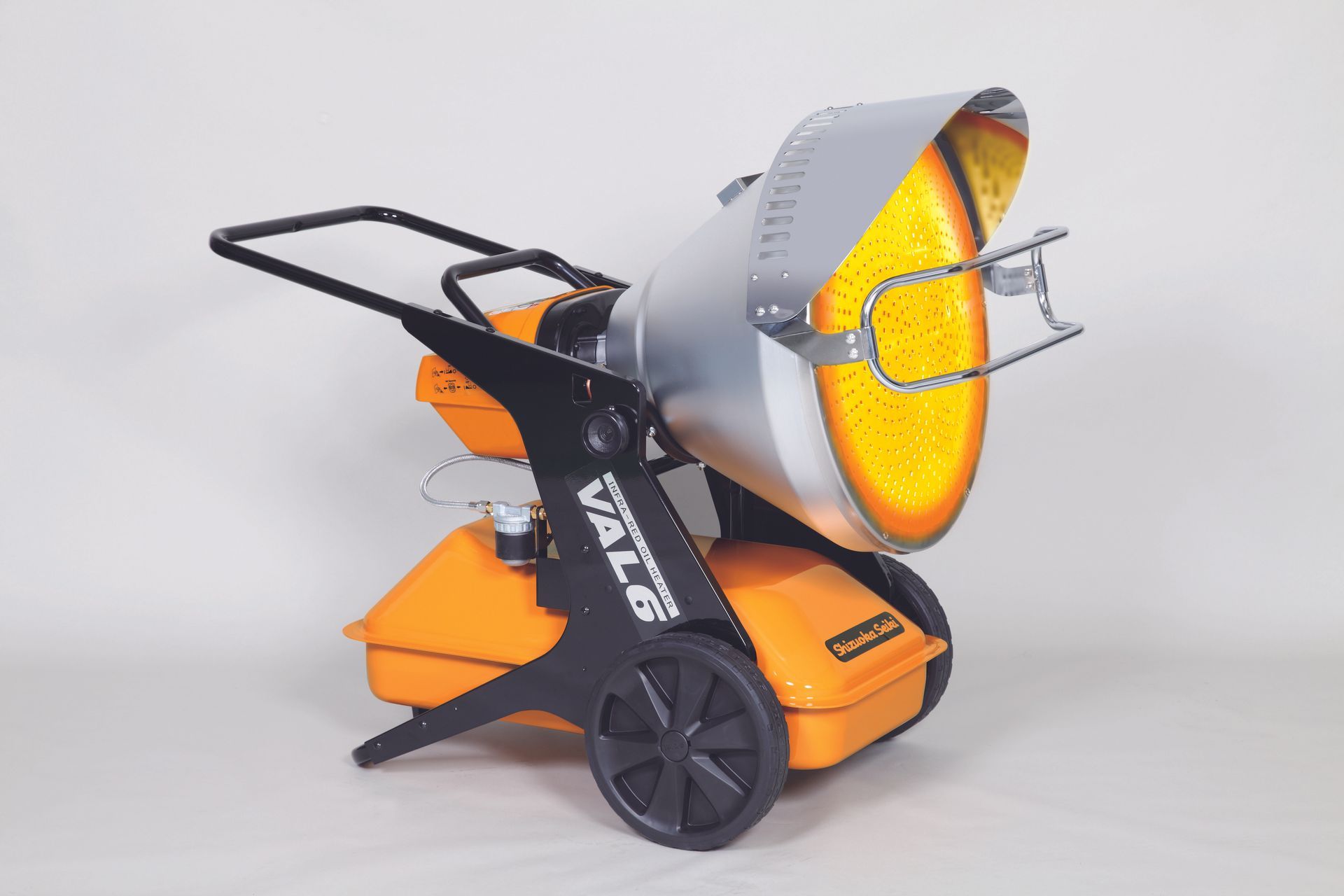 Orange and black VAL6 infrared construction heater on wheels.